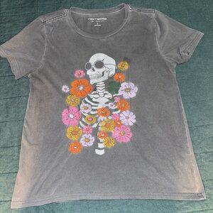 Lucky Brand Gray Tee with Skeleton and Floral Design